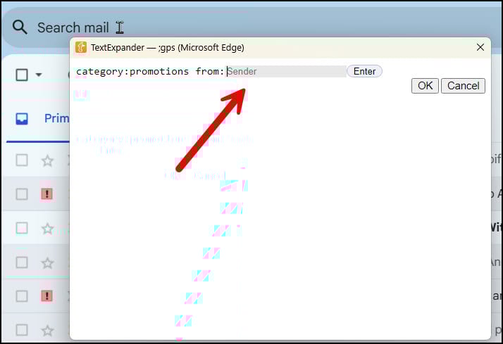 TextExpander dialog with Sender input field.