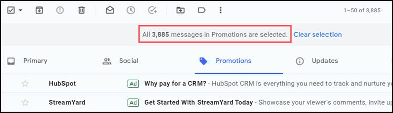 Gmail showing count of selected Promotions emails.
