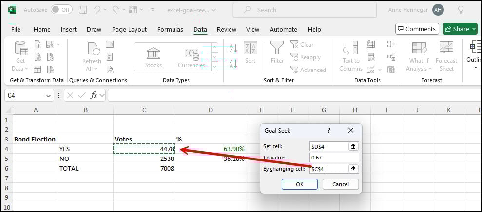 Inputting which cell Excel should change which is YES voters.
