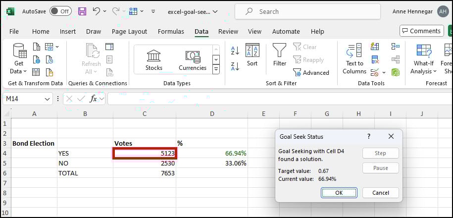 Excel indicates a solution to match target value.
