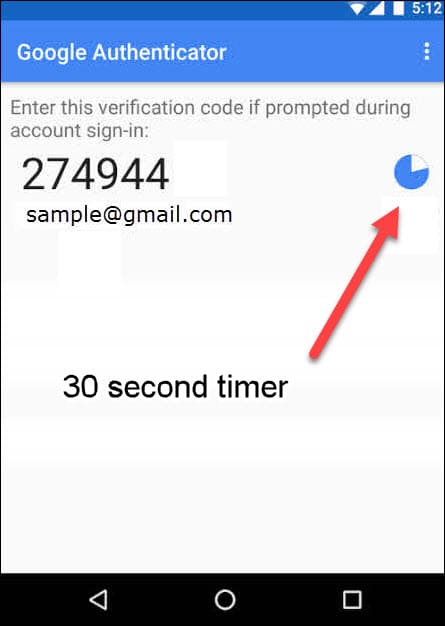 Google Authenticator app one-time password and timer.