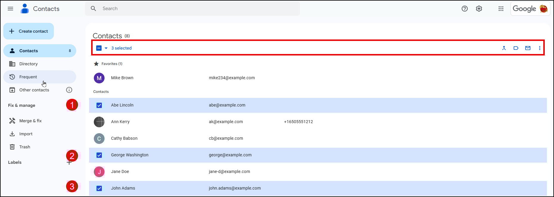 Google Contacts and additional menu options.