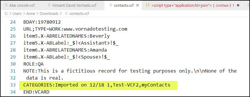 vCard with Categories highlighted.