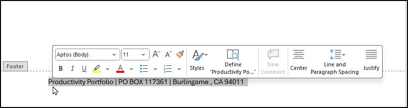 Highlighted footer address.