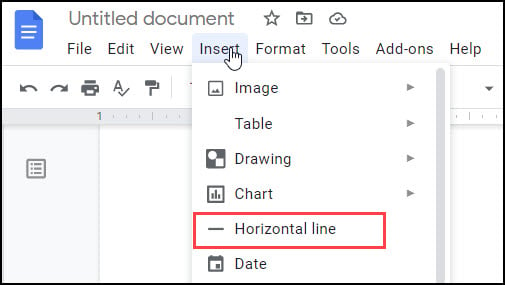 Insert menu with Horizontal line item.