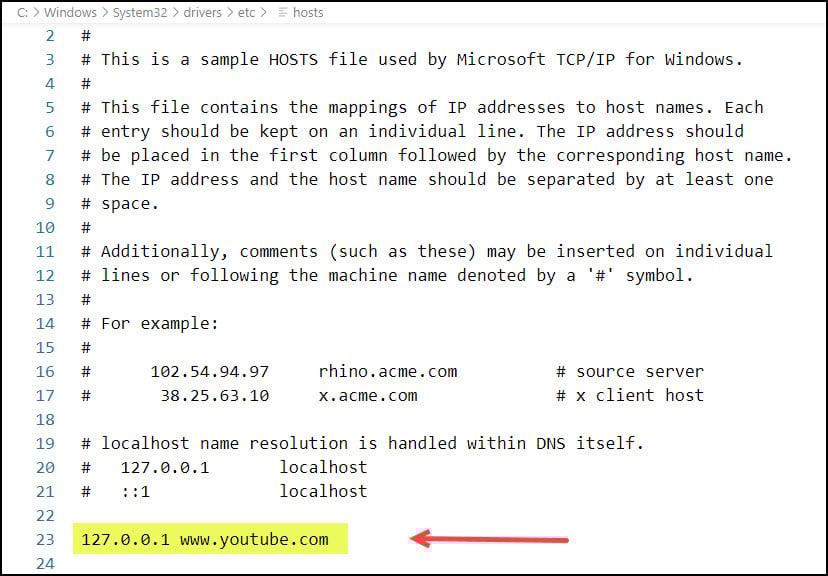 Example of YouTube added to hosts file.