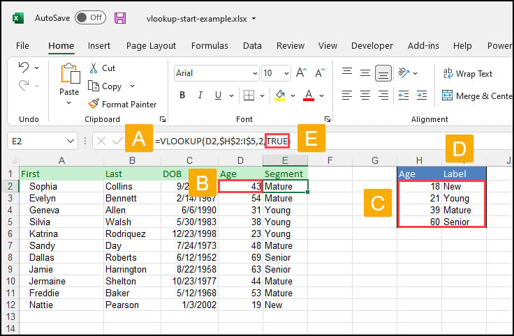 VLOOKUP formula with call outs to elements.