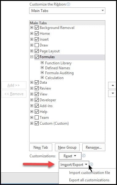 Import or export settings Customization controls.