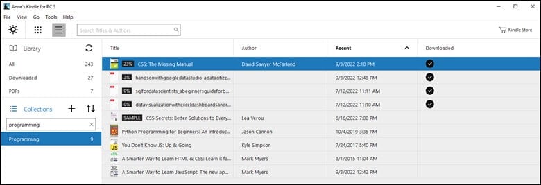 Kindle listing of books and PDF files.