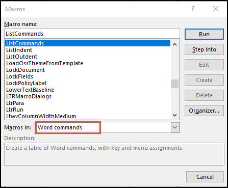 Macros dialog with ListCommands. selected
