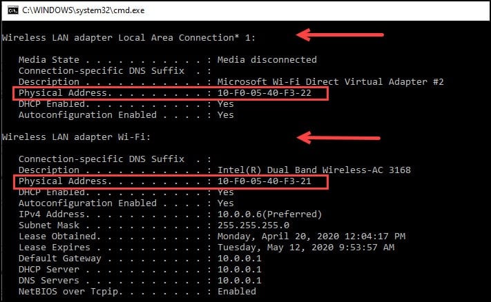 Results of ipconf command and highlighted mac addresses.