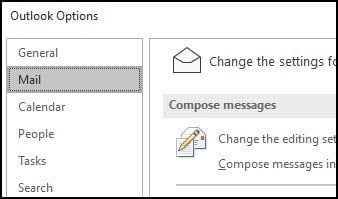 Outlook Mail options dialog.