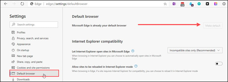 Selecting Default browser on Edge Settings panel.