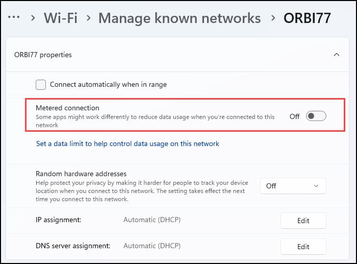 Metered connection option in Windows 11.