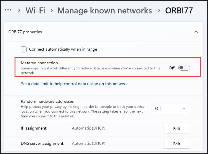 Metered connection option in Windows 11.