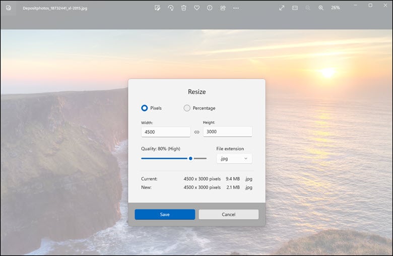 Microsoft Photos Resize Overlay.