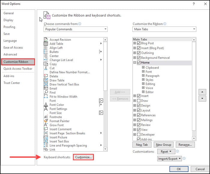 Word Options dialog with Customize button.