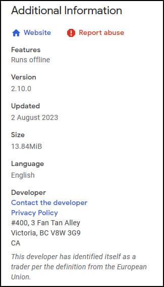 Additional Information panel for Chrome Store.