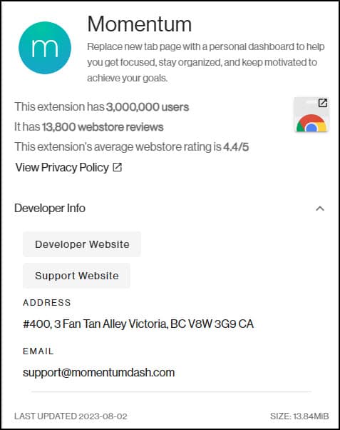Listing for Momentum in Chrome Store.