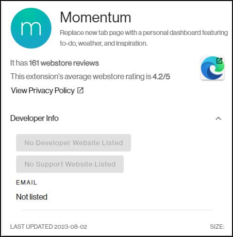 Momentum listing in Edge Store.