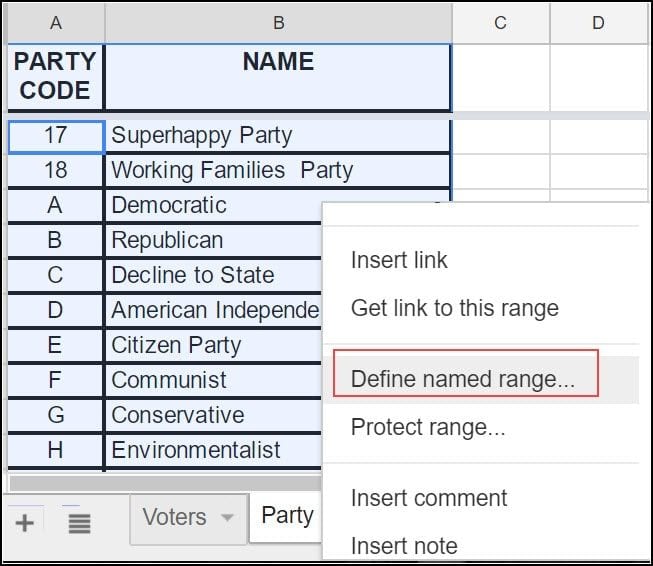 Setting up Define named range in Google Sheets.