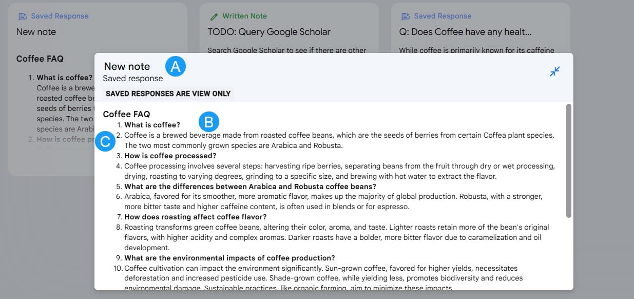 Saved response note with FAQs.