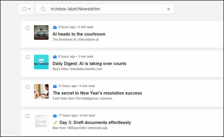 My Omnivore app newsletter inbox.