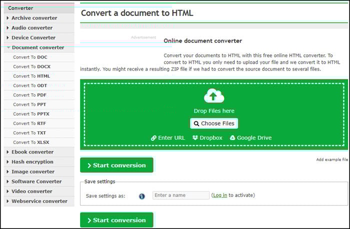 Drag and drop interface for converting doc to HTML.