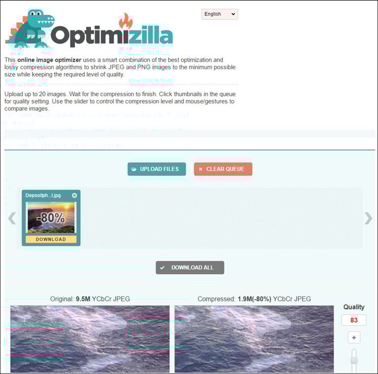 Optimizilla immagine e risultati.