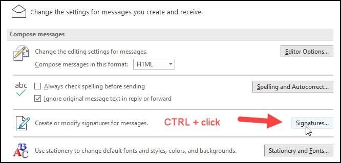 Mail options with Signature button.