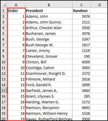 Filling in original sort order in Column A.