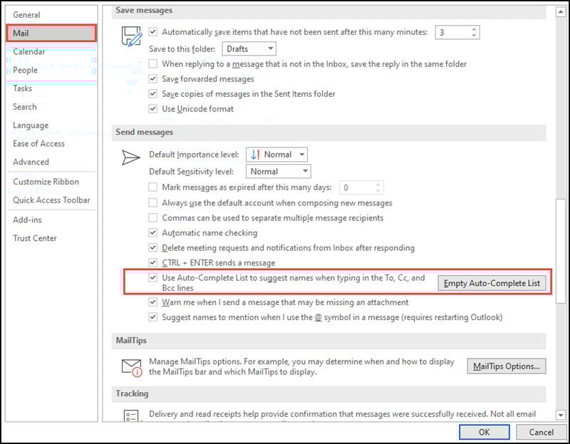 Outlook mail settings panel.