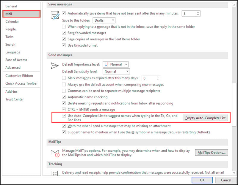 Outlook mail settings panel.