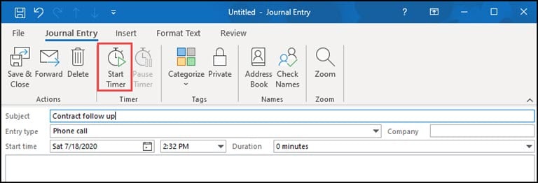 Outlook Journal entry with Start Timer button highlighted.