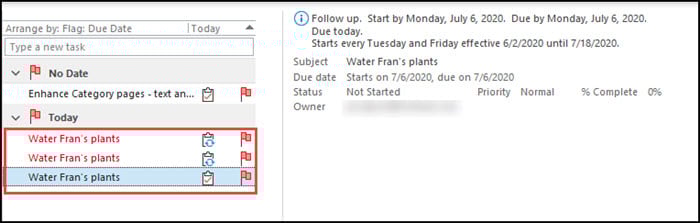 List of Outlook recurring tasks with red overdue ones.