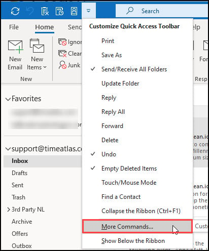 More Commands option on Quick Access Toolbar menu.