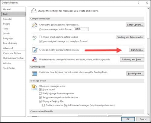 Arrow pointing location of Signatures button in Mail options.