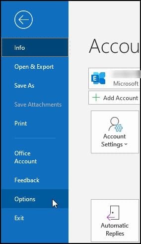 Outlook's Options sidebar