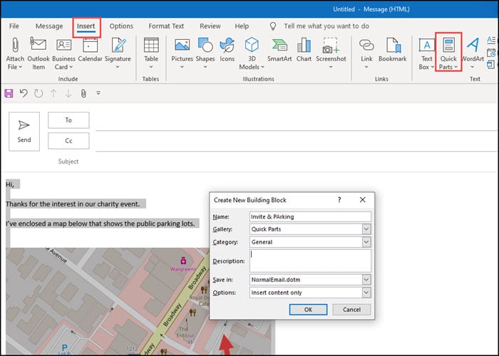 Pop-up dialog to identify new Quick Part.