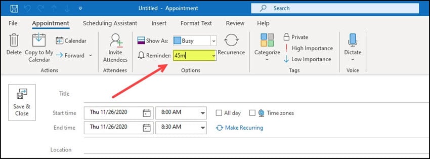 Outlook appointment reminder field.