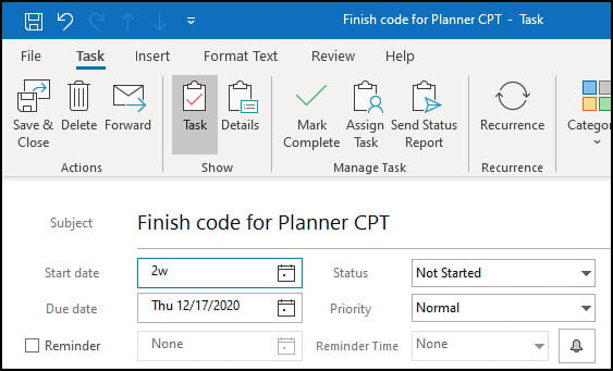 Outlook task with existing Due date.