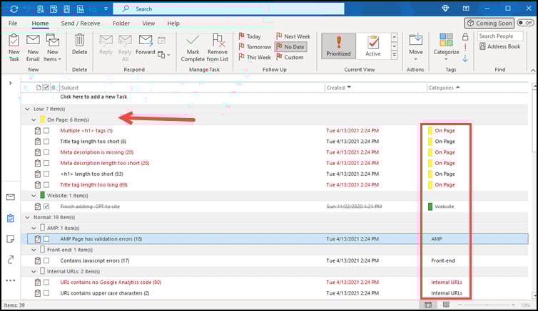 Outlook task view with Categories column highlighted.