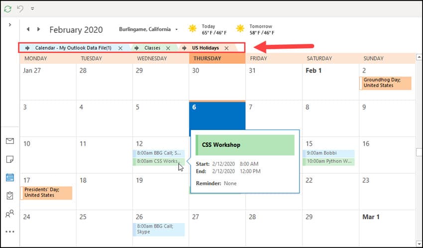 várias entradas de calendário no Outlook