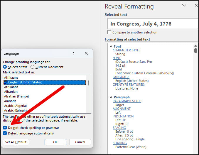Language dialog with partial spell check.