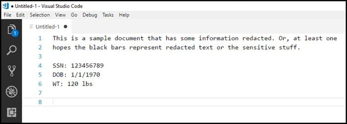 Pasted text shows with no black highlights in VS Code.