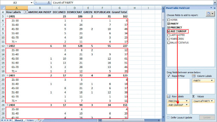 Marked up pivot table showing precincts.