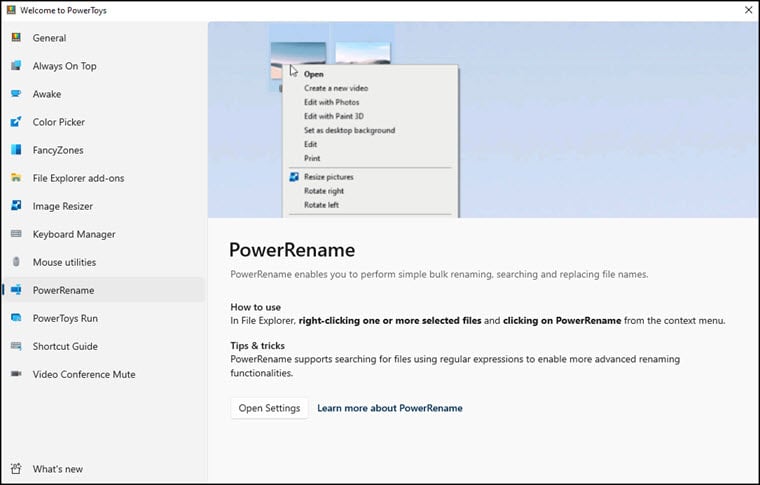 PowerRename panel.