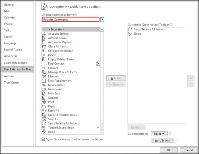 Customize Outlook Quick Access toolbar. panel.