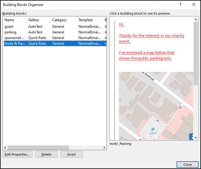 Outlook Building Block Organizer with highlighted Quick Part.