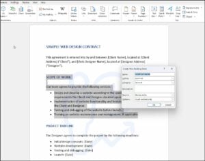 Quick Parts dialog over highlighted text.